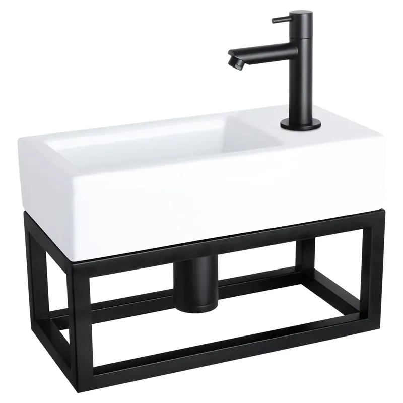 Beperkt Aanbod Differnz Ravo fonteinset keramiek - kraan recht - met handdoekrek - 38.5 x 18.5 x 9 cm - mat zwart