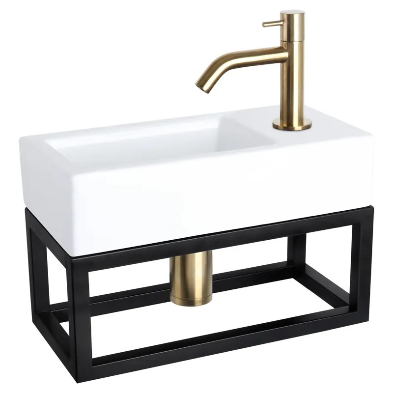 Voordeelprijs Differnz Ravo fonteinset keramiek - kraan gebogen - met handdoekrek - 38.5 x 18.5 x 9 cm - mat goud