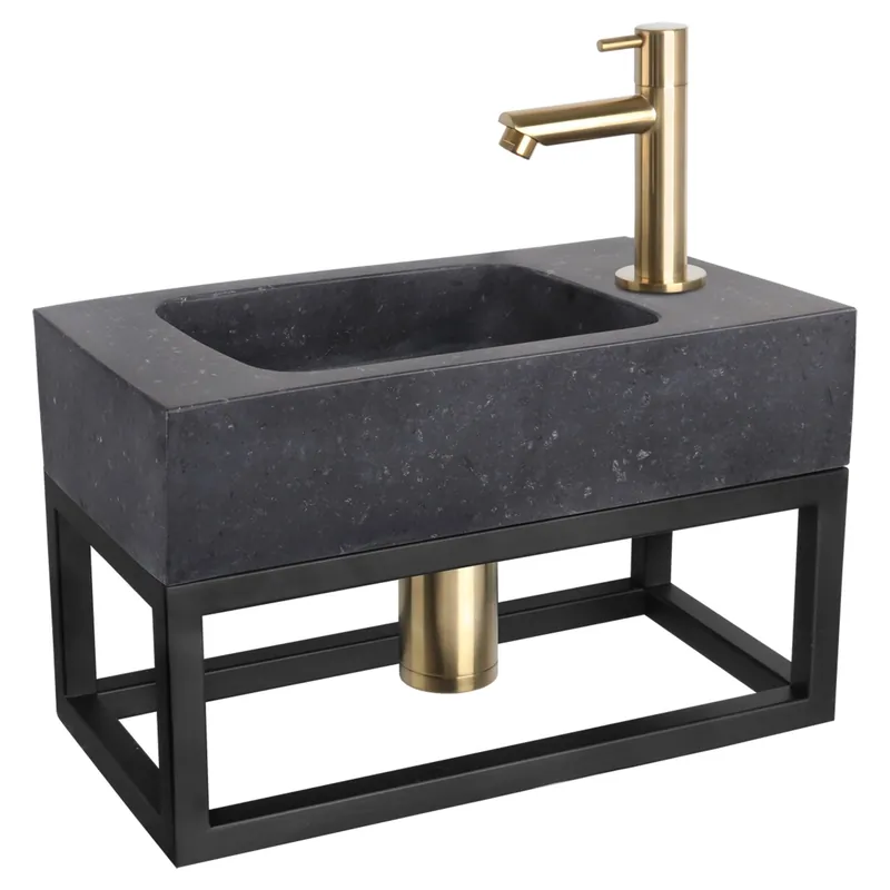Differnz fonteinset bombai black - natuursteen - kraan recht - met handdoekrek - 40 x 22 x 9 cm - mat goud Betrouwbaar