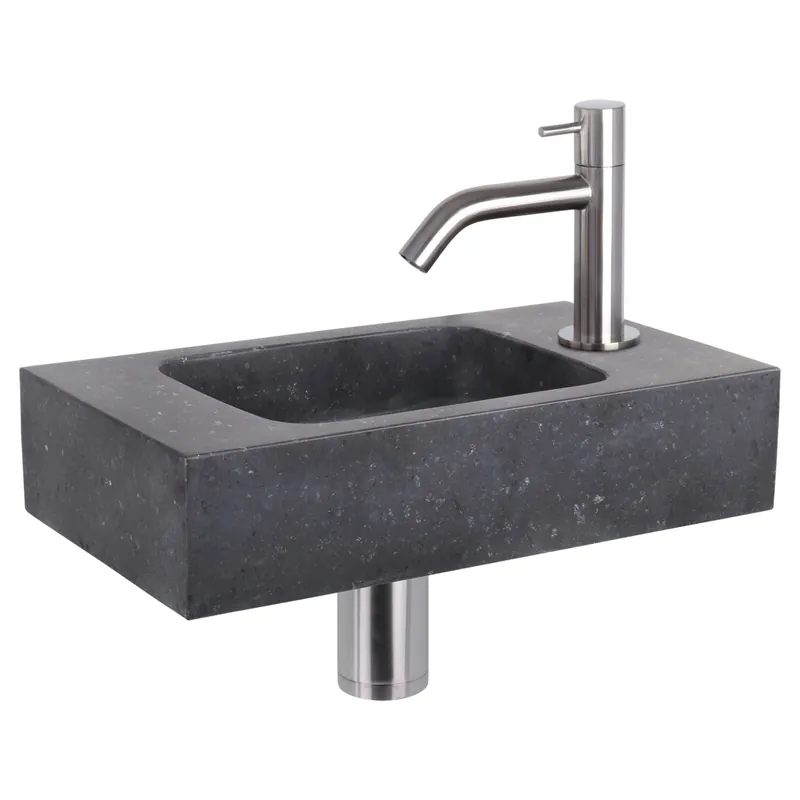 Differnz fonteinset bombai black - natuursteen - kraan gebogen - 40 x 22 x 9 cm - mat chroom Op = Op
