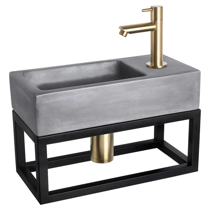 Populair Differnz Ravo fonteinset beton donkergrijs - kraan recht - met handdoekrek - 38.5 x 18.5 x 9 cm - mat goud