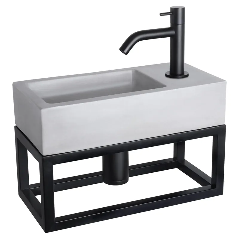 Lage Prijs Differnz Ravo fonteinset beton lichtgrijs - kraan gebogen - met handdoekrek - 38.5 x 18.5 x 9 cm - mat zwart
