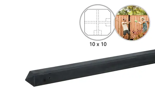 Betonpaal glad met diamantkop 10 x 10 x 310 cm, antraciet ongecoat, hoekpaal t.b.v. 2 betonplaten. Direct Beschikbaar