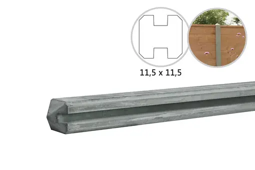 Beperkt Aanbod Betonpaal met sleuf en diamant kop t.b.v. schutting 11,5 x 11,5 x 278 cm, grijs tussenpaal, ongecoat.