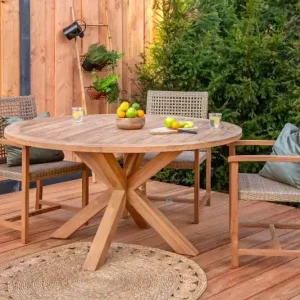 Tuintafel teak rond met kruispoot 150cm Actieprijs