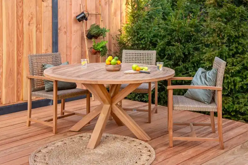 Tuintafel teak rond met kruispoot 150cm Actieprijs