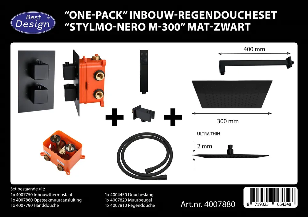 Best-design "one-pack" inbouw-regendoucheset "stylmo-nero m-300" mat-zwart Flitsaanbieding
