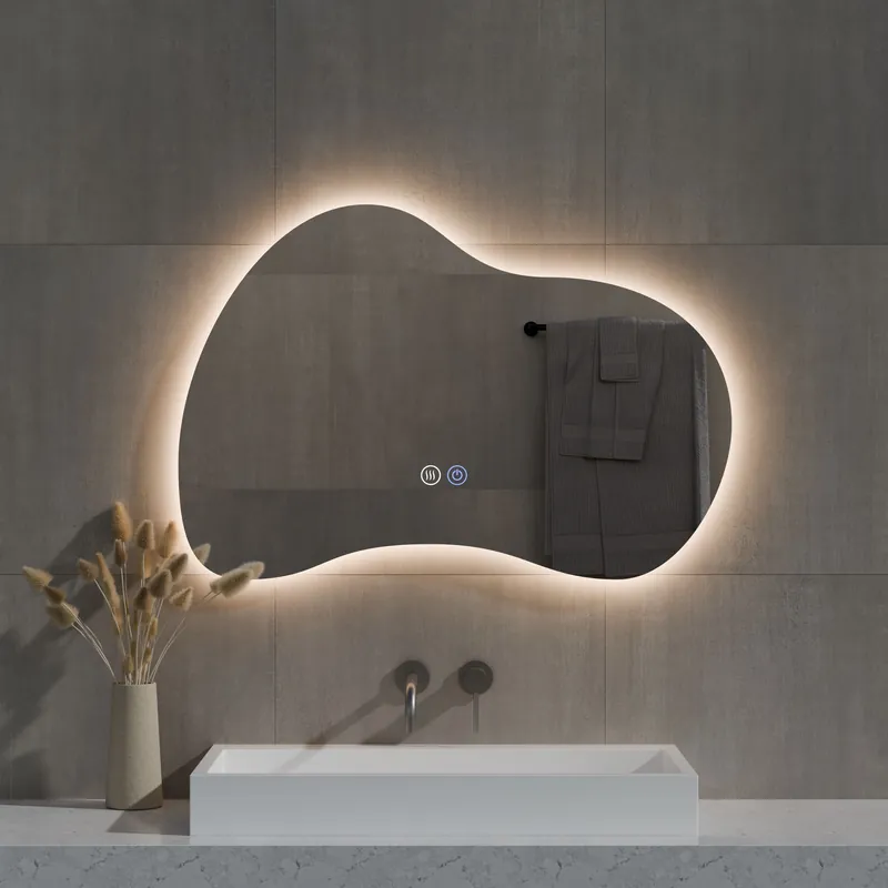 Laatste Versie Best-design "strange" organische spiegel incl. verwarming, 3 kleuren led verlichting, dimbaar 100x70
