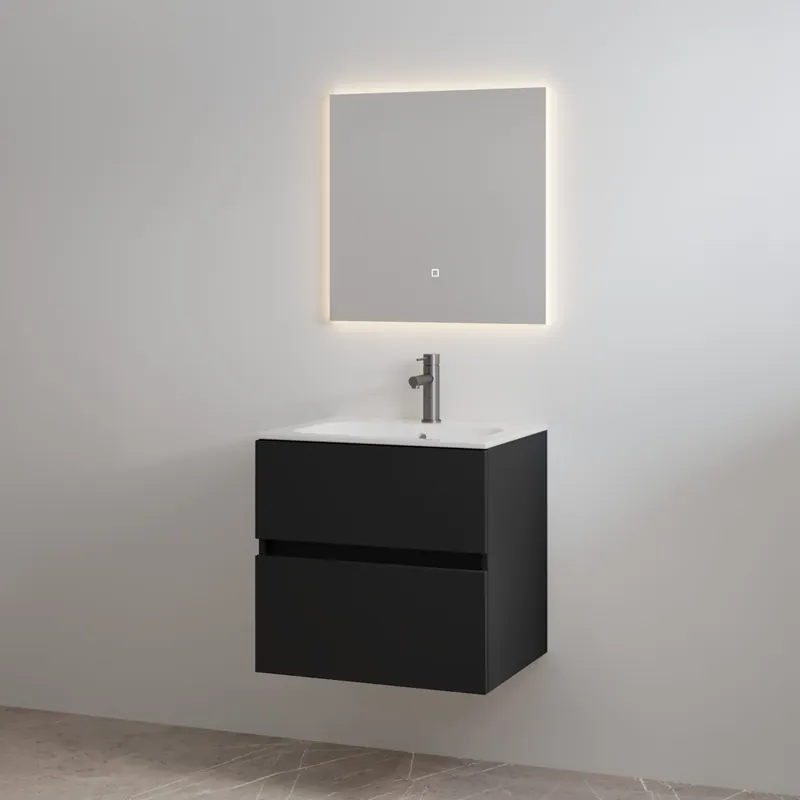 Beperkte Voorraad Best-design badkamermeubelset "splash-60" mat-zwart onderkast + wastafel met kraangat 60cm