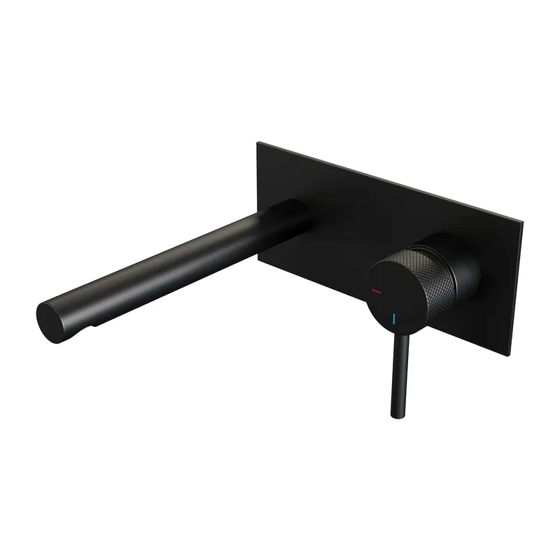 Brauer Black Carving Inbouw Wastafelmengkraan met Rechte Uitloop & Afdekplaat - Model A1 - Geribbeld Hendel Rechts - Mat Zwart Fabrieksprijs