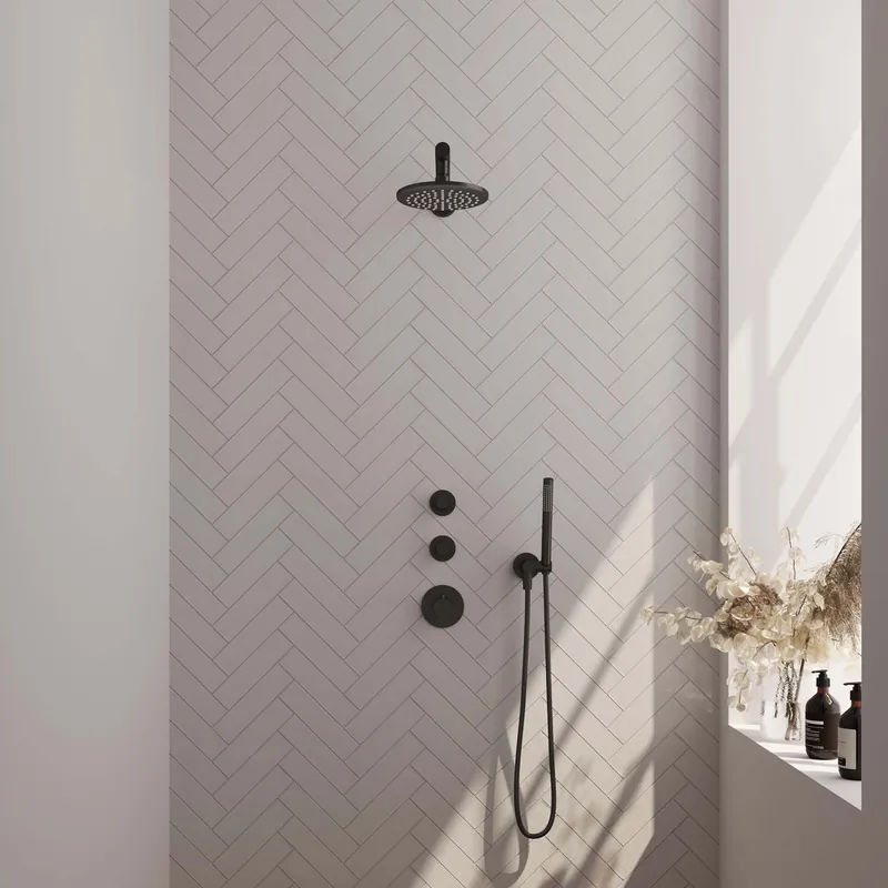 Brauer Black Carving Regendoucheset: Thermostatische Inbouwkraan met Stopkranen, Rechte Wandarm, Douchekop 20cm, Wandhouder met Wateruitlaat, Staafhanddouche & Doucheslang - Set 1 - Geribbeld Draaiknoppen - Mat Zwart Lage Kosten