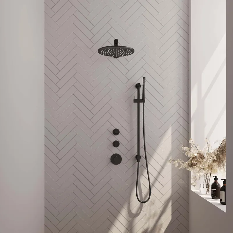 Brauer Black Carving Regendoucheset: Thermostatische Inbouwkraan met Stopkranen, Rechte Wandarm, Douchekop 30cm, Glijstang met Wateruitlaat, Staafhanddouche & Doucheslang - Set 14 - Geribbeld Draaiknoppen - Mat Zwart Direct Verzonden