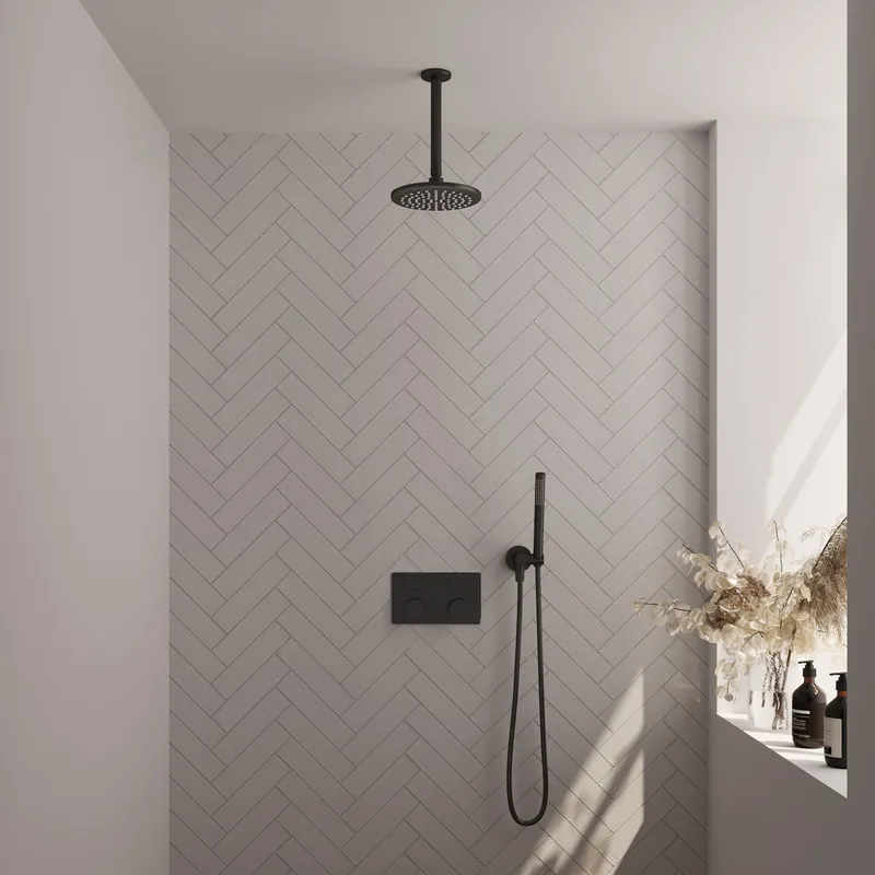 Brauer Black Carving Regendoucheset: Thermostatische Inbouwkraan met Drukknoppen, Plafondarm, Douchekop 20cm, Wandhouder met Wateruitlaat, Staafhanddouche & Doucheslang - Set 53 - Geribbeld Draaiknoppen - Mat Zwart Alleen Vandaag
