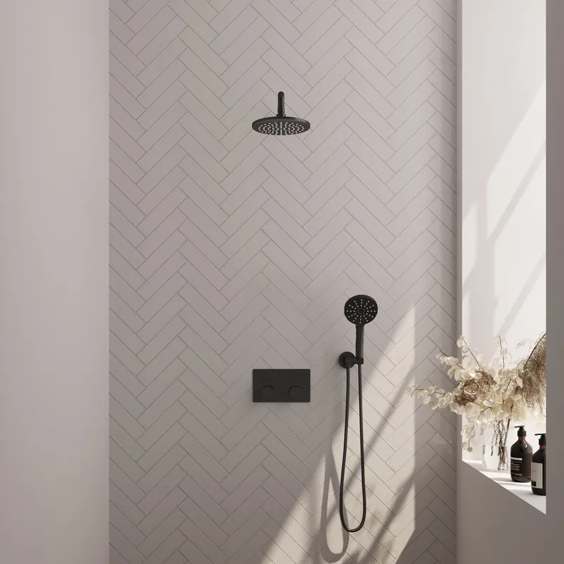 Brauer Black Carving Regendoucheset: Thermostatische Inbouwkraan met Drukknoppen, Gebogen Wandarm, Douchekop 20cm, Wandhouder met Wateruitlaat, 3-Standen Handdouche & Doucheslang - Set 57 - Geribbeld Draaiknoppen - Mat Zwart Korting