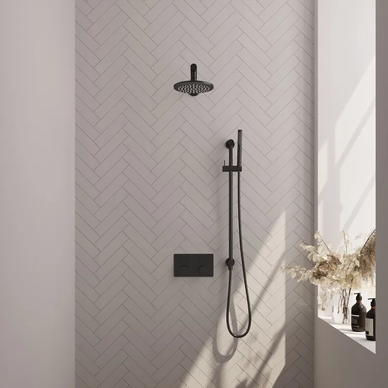 Aanbieding Brauer Black Carving Regendoucheset: Thermostatische Inbouwkraan met Drukknoppen, Rechte Wandarm, Douchekop 20cm, Glijstang met Wateruitlaat, Staafhanddouche & Doucheslang - Set 61 - Geribbeld Draaiknoppen - Mat Zwart