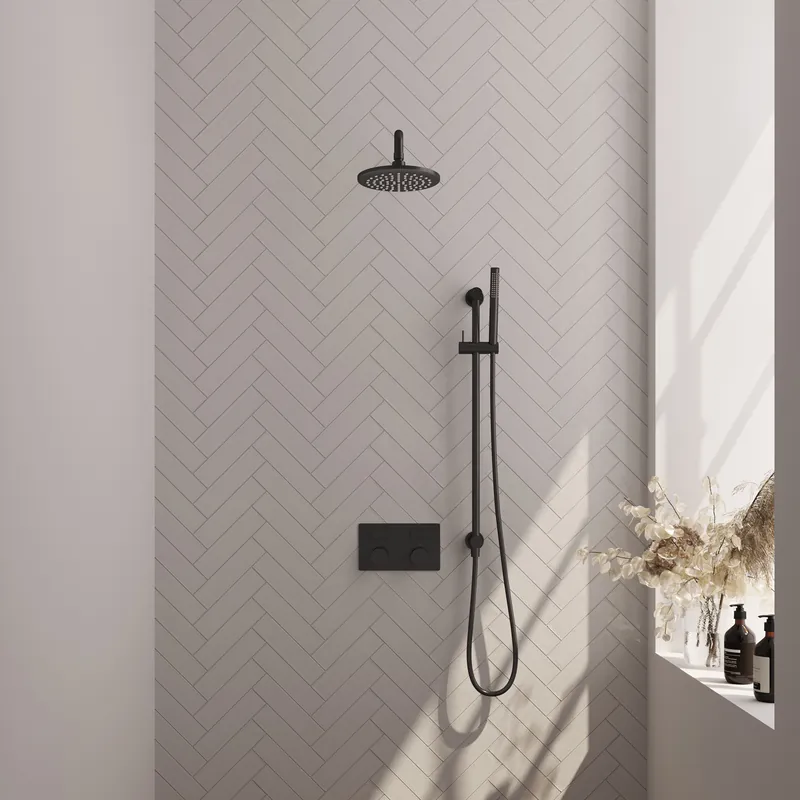 Shop Nu Brauer Black Carving Regendoucheset: Thermostatische Inbouwkraan met Drukknoppen, Gebogen Wandarm, Douchekop 20cm, Glijstang met Wateruitlaat, Staafhanddouche & Doucheslang - Set 63 - Geribbeld Draaiknoppen - Mat Zwart