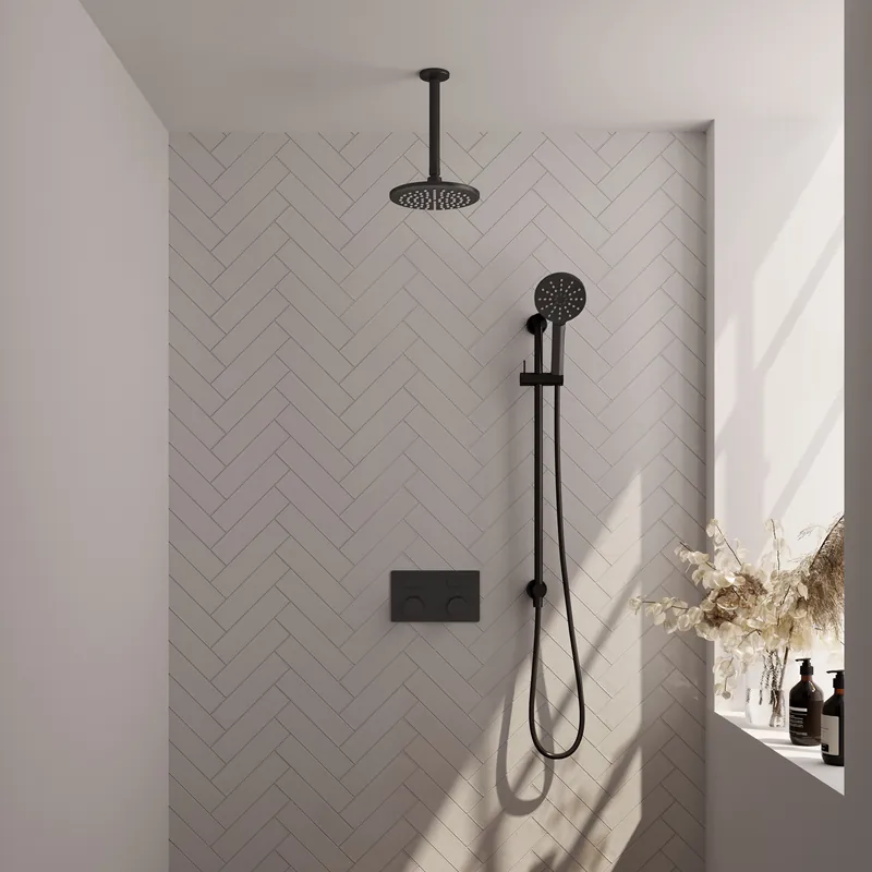 Brauer Black Carving Regendoucheset: Thermostatische Inbouwkraan met Drukknoppen, Plafondarm, Douchekop 20cm, Glijstang met Wateruitlaat, 3-Standen Handdouche & Doucheslang - Set 71 - Geribbeld Draaiknoppen - Mat Zwart Koop Vandaag