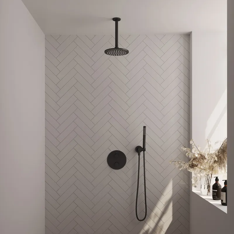 Brauer Black Carving Regendoucheset: Thermostatische Inbouwkraan met 3-Weg Omstel, Plafondarm, Douchekop 20cm, Wandaansluitbocht, Staafhanddouche & Doucheslang - Set 77 - Draaiknoppen - Mat Zwart Korting