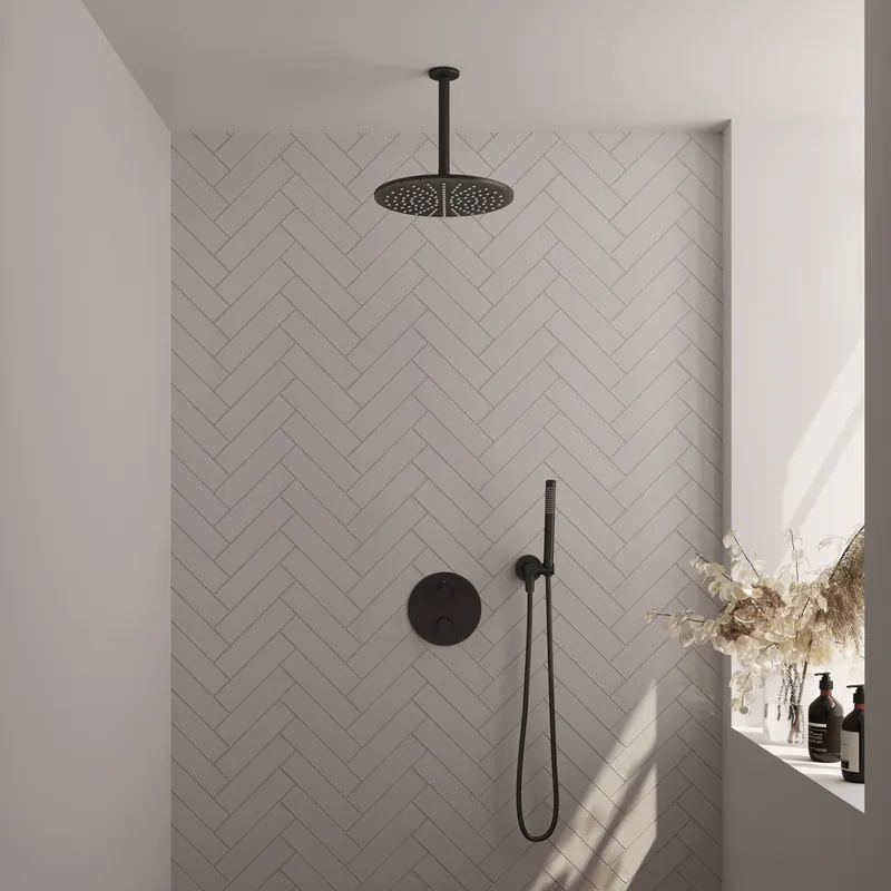 Brauer Black Carving Regendoucheset: Thermostatische Inbouwkraan met 3-Weg Omstel, Plafondarm, Douchekop 30cm, Wandaansluitbocht, Staafhanddouche & Doucheslang - Set 78 - Draaiknoppen - Mat Zwart Betaalbaar