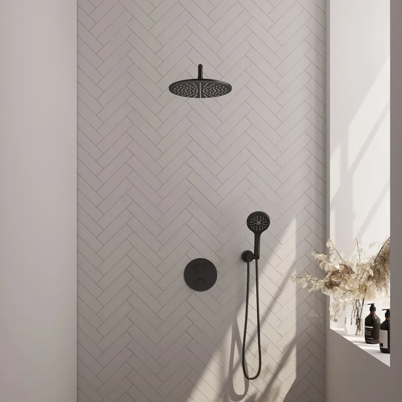 Nu Kopen Brauer Black Carving Regendoucheset: Thermostatische Inbouwkraan met 3-Weg Omstel, Gebogen Wandarm, Douchekop 30cm, Wandaansluitbocht, 3-Standen Handdouche & Doucheslang - Set 82 - Draaiknoppen - Mat Zwart