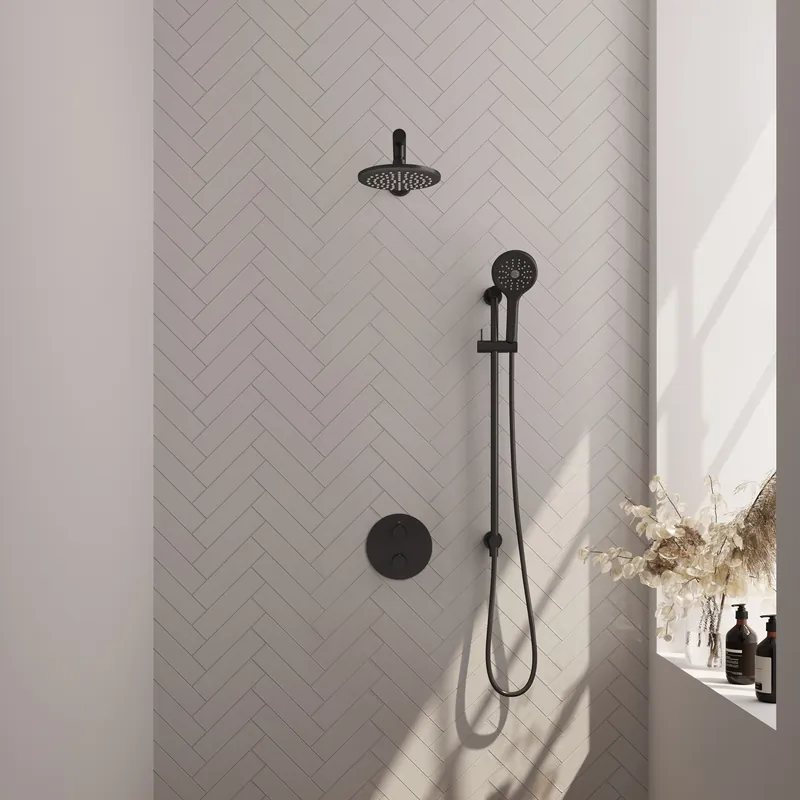 Speciale Aanbieding Brauer Black Carving Regendoucheset: Thermostatische Inbouwkraan met 3-Weg Omstel, Rechte Wandarm, Douchekop 20cm, Geintegreerde Glijstang, 3-Standen Handdouche & Doucheslang - Set 91 - Draaiknoppen - Mat Zwart