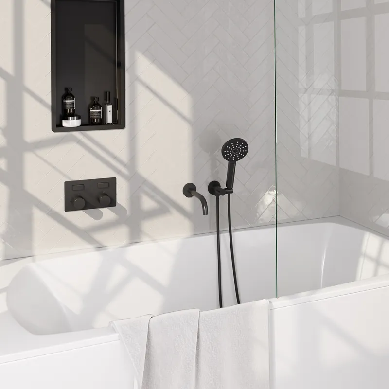 Brauer Black Carving Thermostatische Inbouw Badkraan met Omstel, Uitloop, Drukknoppen, Wandhouder met Wateruitlaat, 3-Standen Handdouche & Doucheslang - Set 4 - Geribbeld Draaiknoppen - Mat Zwart Goedkoop