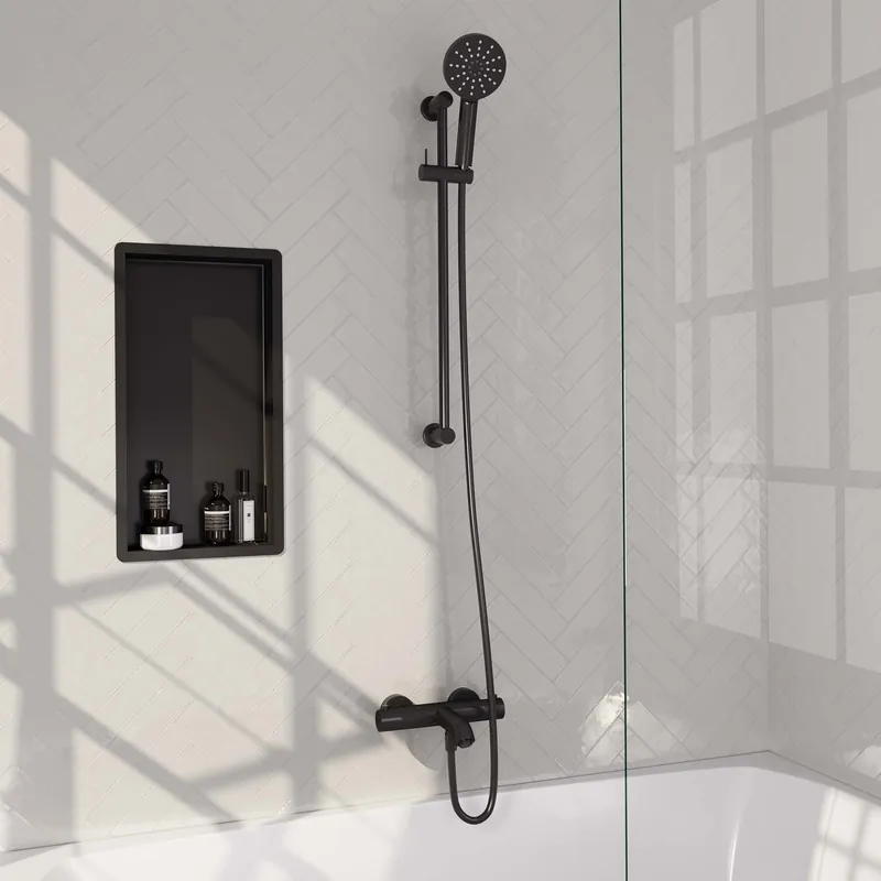 Brauer Black Carving Thermostatische Opbouw Badkraan met Omstel, Glijstang, 3-Standen Handdouche & Doucheslang - Set 2 - Geribbeld Draaiknoppen - Mat Zwart Fabrieksprijs