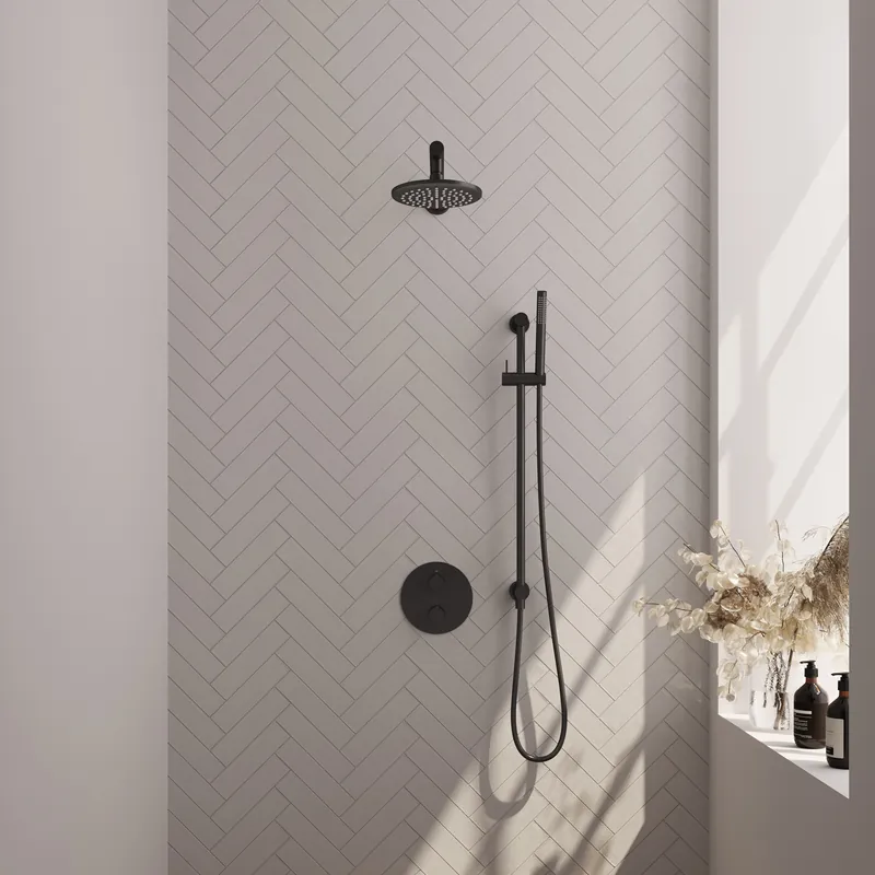 Actieprijs Brauer Black Edition Regendoucheset: Thermostatische Inbouwkraan met 3-Weg Omstel, Rechte Wandarm, Douchekop 20cm, Geintegreerde Glijstang, Staafhanddouche & Doucheslang - Set 85 - Draaiknoppen - Mat Zwart