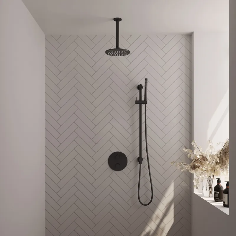 Laatste Kans Brauer Black Edition Regendoucheset: Thermostatische Inbouwkraan met 3-Weg Omstel, Plafondarm, Douchekop 20cm, Geintegreerde Glijstang, Staafhanddouche & Doucheslang - Set 89 - Draaiknoppen - Mat Zwart