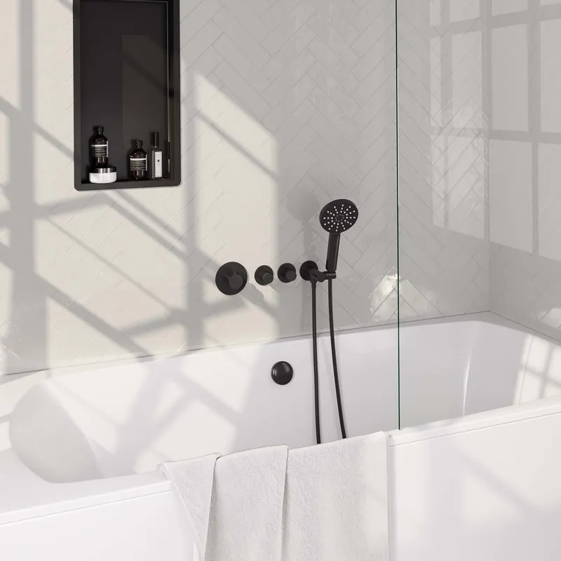 Betaalbaar Brauer Black Edition Thermostatische Inbouw Badkraan met Omstel, Badvulcombinatie, Stopkranen, Wandhouder met Wateruitlaat, 3-Standen Handdouche & Doucheslang - Set 2 - Draaiknoppen - Mat Zwart