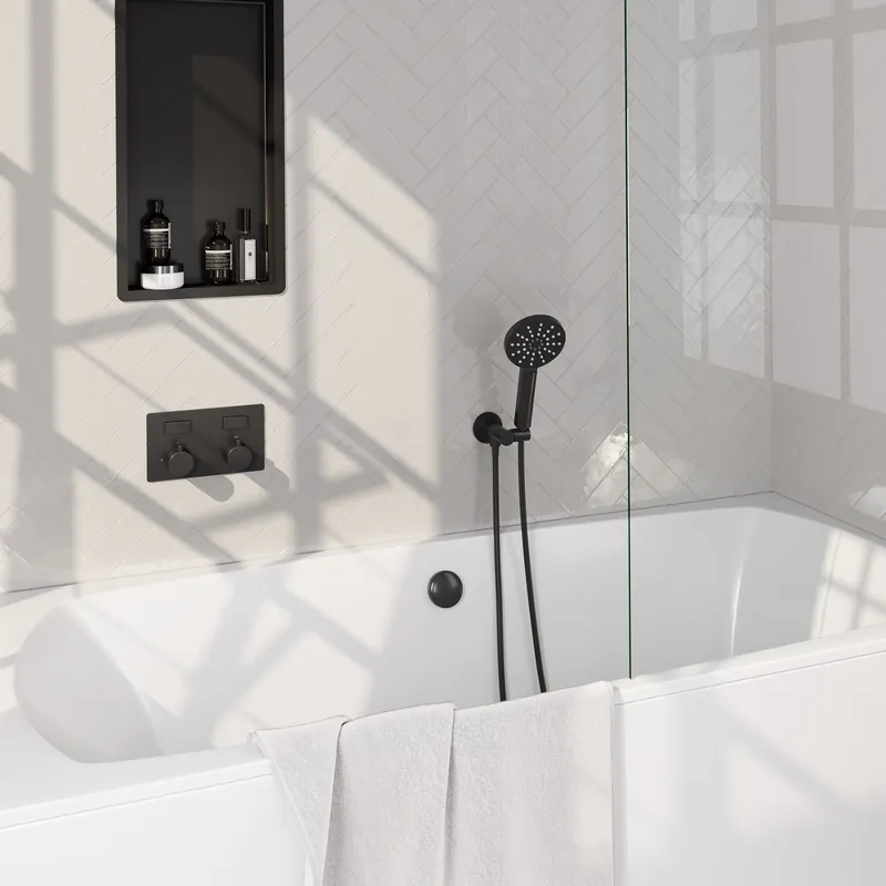 Superprijs Brauer Black Edition Thermostatische Inbouw Badkraan met Omstel, Badvulcombinatie, Drukknoppen, Wandhouder met Wateruitlaat, 3-Standen Handdouche & Doucheslang - Set 4 - Draaiknoppen - Mat Zwart