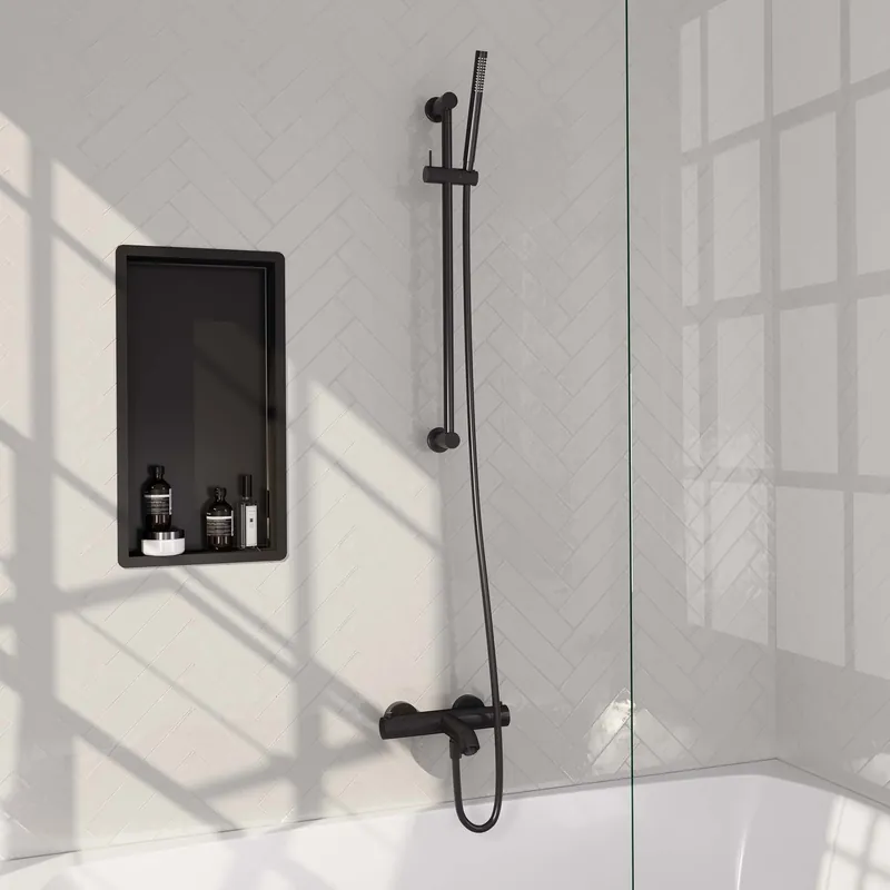 Flitsaanbieding Brauer Black Edition Thermostatische Opbouw Badkraan met Omstel, Glijstang, Staafhanddouche & Doucheslang - Set 1 - Draaiknoppen - Mat Zwart