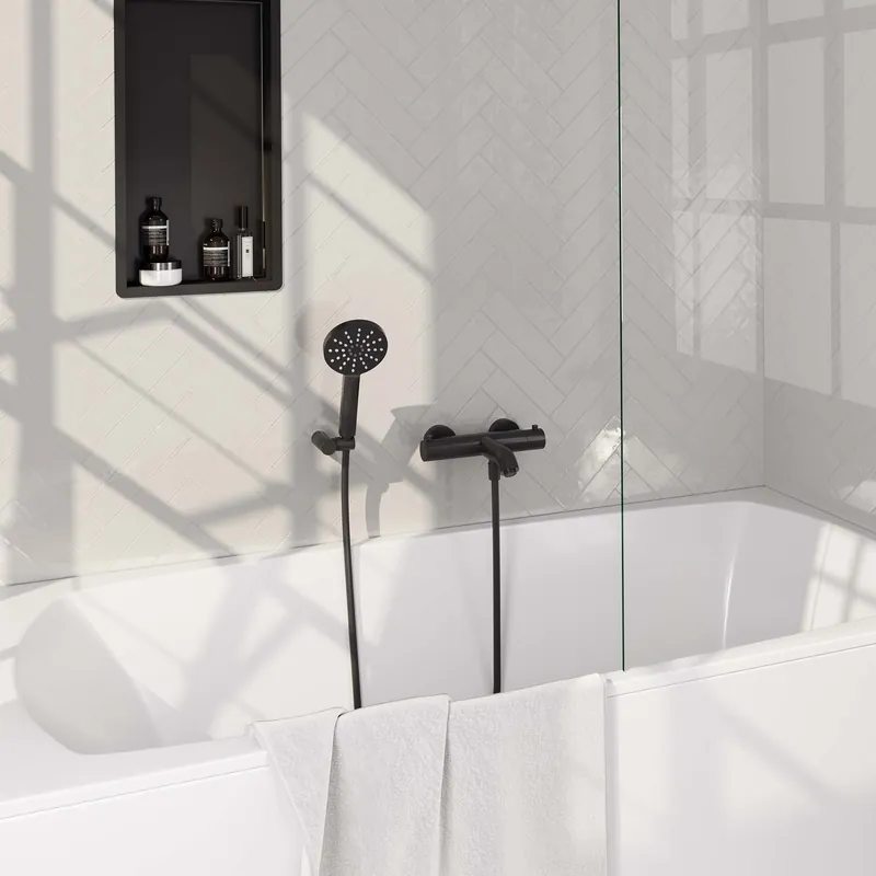 Gereduceerde Prijs Brauer Black Edition Thermostatische Opbouw Badkraan met Omstel, Wandhouder, 3-Standen Handdouche & Doucheslang - Set 4 - Draaiknoppen - Mat Zwart