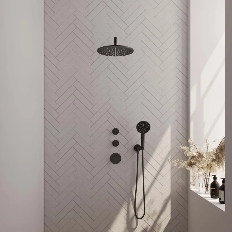 Beperkt Aanbod Brauer Black Editon Regendoucheset: Thermostatische Inbouwkraan met Stopkranen, Gebogen Wandarm, Douchekop 30cm, Wandhouder met Wateruitlaat, 3-Standen Handdouche & Doucheslang - Set 10 - Draaiknoppen - Mat Zwart