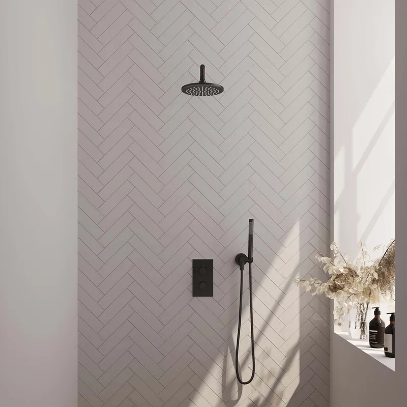 Aanbieding Brauer Black Editon Regendoucheset: Thermostatische Inbouwkraan met 3-Weg Omstel, Gebogen Wandarm, Douchekop 20cm, Wandhouder met Wateruitlaat, Staafhanddouche & Doucheslang - Set 27 - Draaiknoppen - Mat Zwart