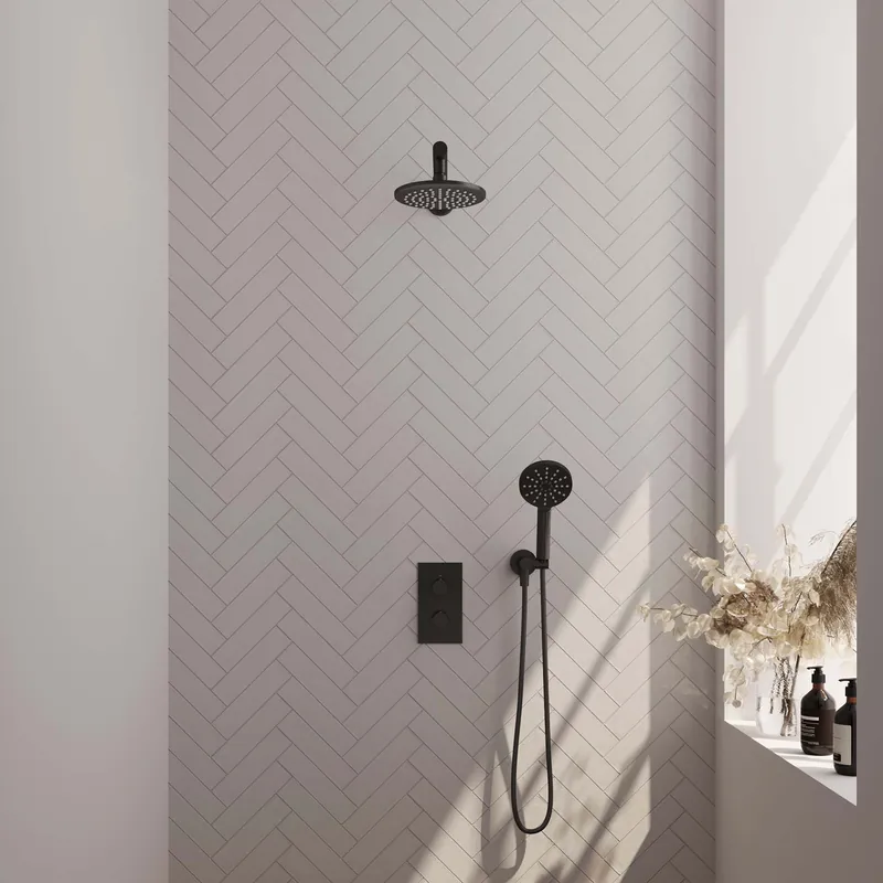 Brauer Black Editon Regendoucheset: Thermostatische Inbouwkraan met 3-Weg Omstel, Rechte Wandarm, Douchekop 20cm, Wandhouder met Wateruitlaat, 3-Standen Handdouche & Doucheslang - Set 31 - Draaiknoppen - Mat Zwart Tijdelijk Beschikbaar
