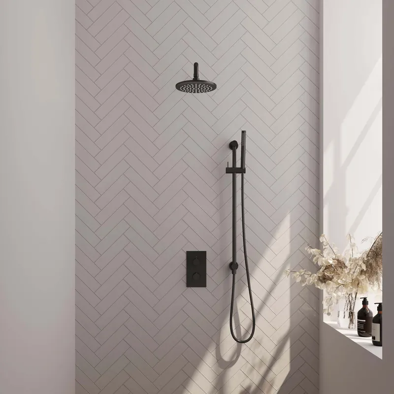 Brauer Black Editon Regendoucheset: Thermostatische Inbouwkraan met 3-Weg Omstel, Gebogen Wandarm, Douchekop 20cm, Glijstang met Wateruitlaat, Staafhanddouche & Doucheslang - Set 39 - Draaiknoppen - Mat Zwart Voordeelprijs