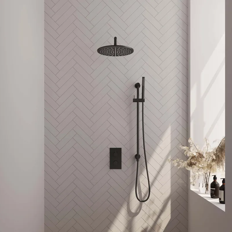 Koop Online Brauer Black Editon Regendoucheset: Thermostatische Inbouwkraan met 3-Weg Omstel, Gebogen Wandarm, Douchekop 30cm, Glijstang met Wateruitlaat, Staafhanddouche & Doucheslang - Set 40 - Draaiknoppen - Mat Zwart