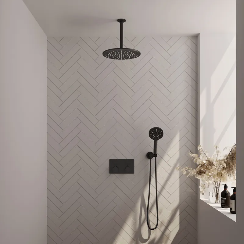 Brauer Black Editon Regendoucheset: Thermostatische Inbouwkraan met Drukknoppen, Plafondarm, Douchekop 30cm, Wandhouder met Wateruitlaat, 3-Standen Handdouche & Doucheslang - Set 60 - Draaiknoppen - Mat Zwart Gereduceerde Prijs
