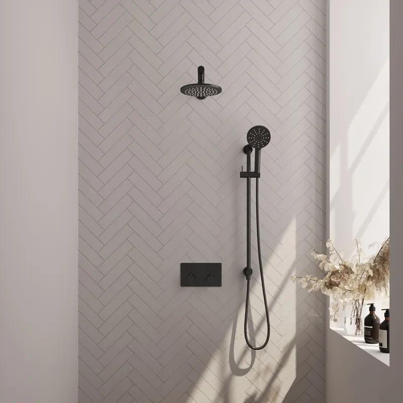 Bestel Nu Brauer Black Editon Regendoucheset: Thermostatische Inbouwkraan met Drukknoppen, Rechte Wandarm, Douchekop 20cm, Glijstang met Wateruitlaat, 3-Standen Handdouche & Doucheslang - Set 67 - Draaiknoppen - Mat Zwart