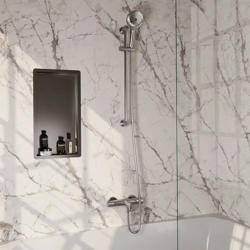 Weekendaanbieding Brauer Brushed Carving Thermostatische Opbouw Badkraan met Omstel, Glijstang, 3-Standen Handdouche & Doucheslang - Set 2 - Geribbeld Draaiknoppen - PVD - Geborsteld RVS