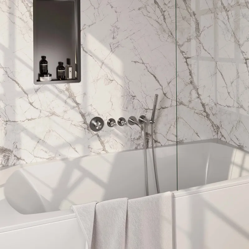 Gratis Retour Brauer Brushed Edition Thermostatische Inbouw Badkraan met Omstel, Uitloop, Stopkranen, Wandhouder met Wateruitlaat, Staafhanddouche & Doucheslang - Set 1 - Draaiknoppen - PVD - Geborsteld RVS
