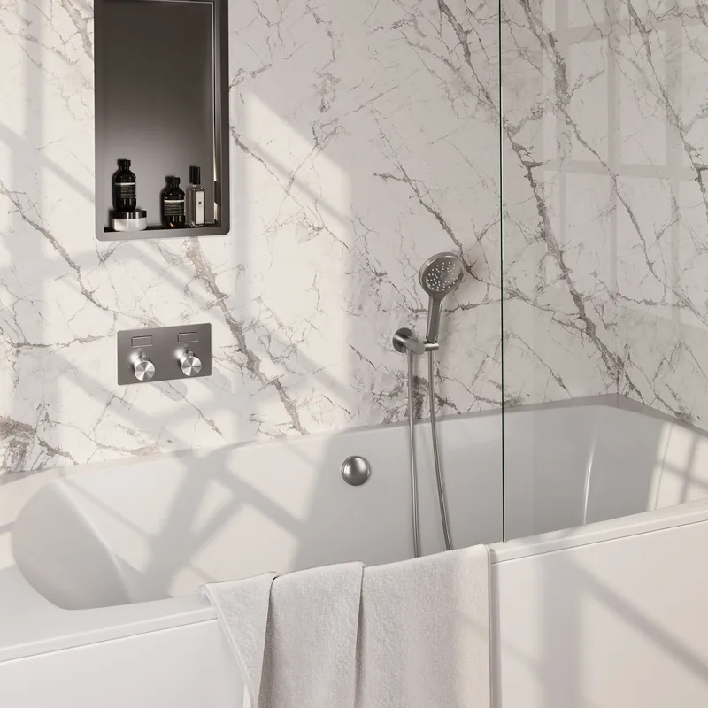 Brauer Brushed Edition Thermostatische Inbouw Badkraan met Omstel, Badvulcombinatie, Drukknoppen, Wandhouder met Wateruitlaat, 3-Standen Handdouche & Doucheslang - Set 4 - Draaiknoppen - PVD - Geborsteld RVS Voordeelprijs