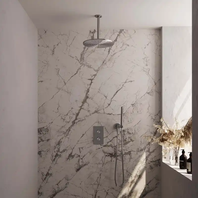 Snelle Levering Brauer Brushed Editon Regendoucheset: Thermostatische Inbouwkraan met 3-Weg Omstel, Plafondarm, Douchekop 30cm, Wandhouder met Wateruitlaat, Staafhanddouche & Doucheslang - Set 30 - Draaiknoppen - PVD - Geborsteld RVS