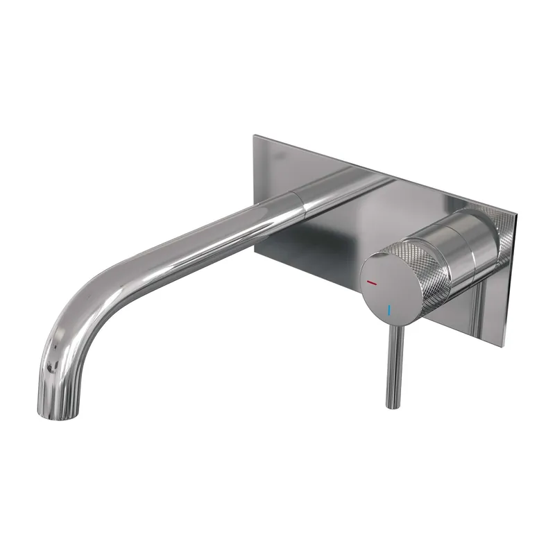 Lage Prijs Brauer Chrome Carving Inbouw Wastafelmengkraan met Gebogen Uitloop & Afdekplaat - Model A1 - Geribbeld Hendel Rechts - Chroom