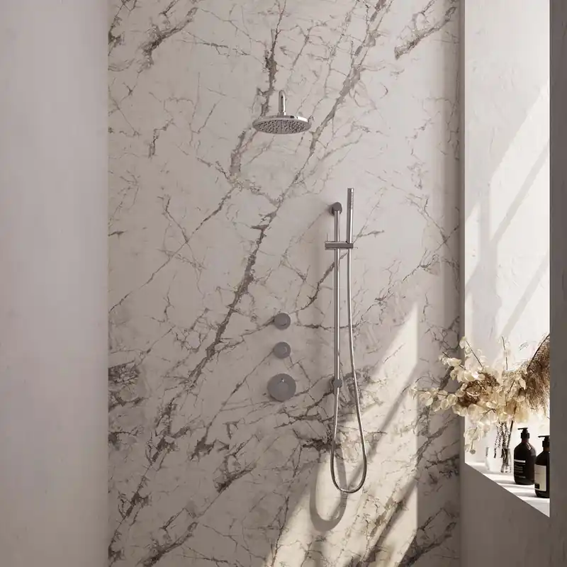 Lage Kosten Brauer Chrome Carving Regendoucheset: Thermostatische Inbouwkraan met Stopkranen, Gebogen Wandarm, Douchekop 20cm, Glijstang met Wateruitlaat, Staafhanddouche & Doucheslang - Set 15 - Geribbeld Draaiknoppen - Chroom
