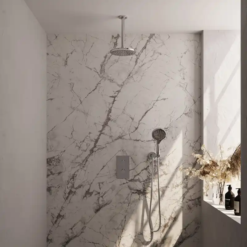 Populair Brauer Chrome Carving Regendoucheset: Thermostatische Inbouwkraan met 3-Weg Omstel, Plafondarm, Douchekop 20cm, Wandhouder met Wateruitlaat, 3-Standen Handdouche & Doucheslang - Set 35 - Geribbeld Draaiknoppen - Chroom