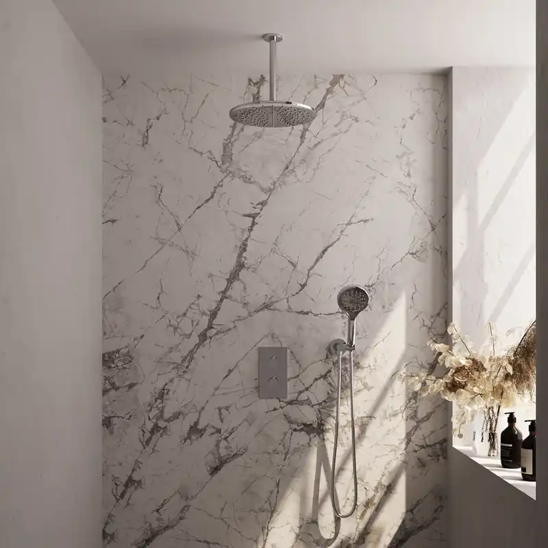 Laatste Kans Brauer Chrome Carving Regendoucheset: Thermostatische Inbouwkraan met 3-Weg Omstel, Plafondarm, Douchekop 30cm, Wandhouder met Wateruitlaat, 3-Standen Handdouche & Doucheslang - Set 36 - Geribbeld Draaiknoppen - Chroom