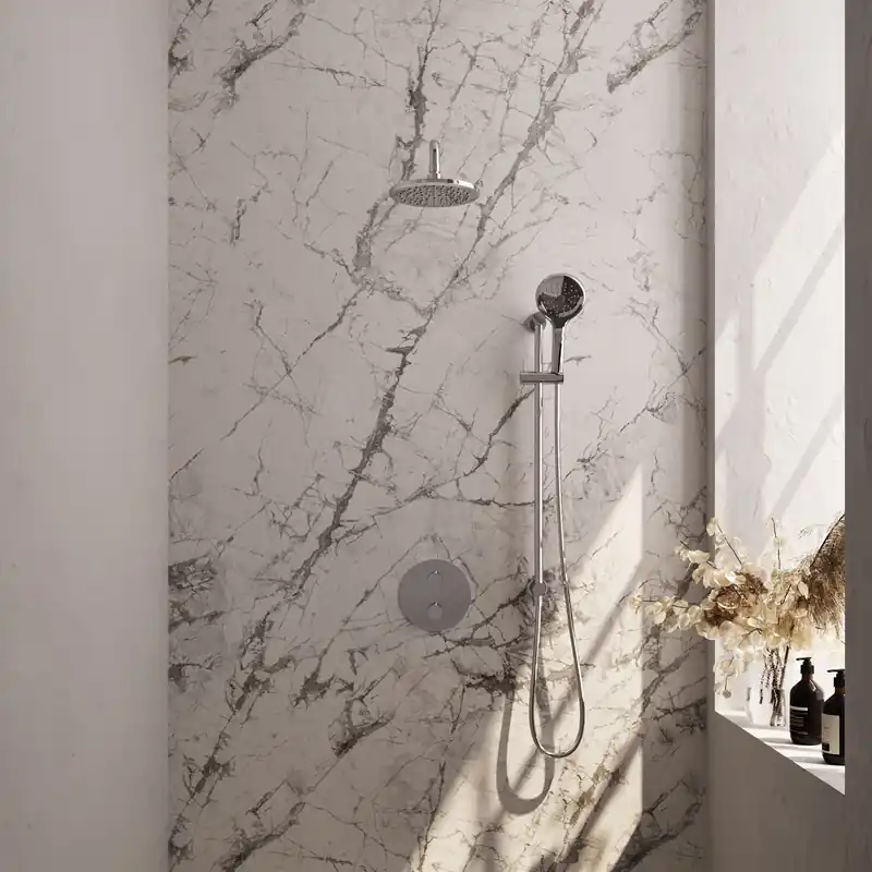 Voordeelprijs Brauer Chrome Carving Regendoucheset: Thermostatische Inbouwkraan met 3-Weg Omstel, Gebogen Wandarm, Douchekop 20cm, Geintegreerde Glijstang, 3-Standen Handdouche & Doucheslang - Set 93 - Draaiknoppen - Chroom