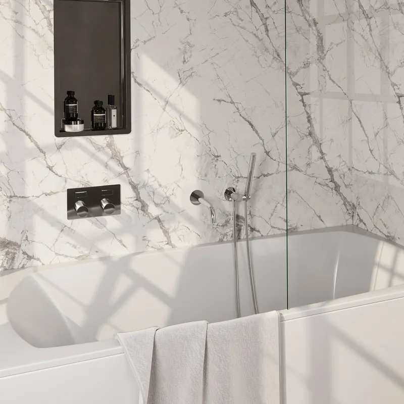 Veilige Betaling Brauer Chrome Carving Thermostatische Inbouw Badkraan met Omstel, Uitloop, Drukknoppen, Wandhouder met Wateruitlaat, Staafhanddouche & Doucheslang - Set 3 - Geribbeld Draaiknoppen - Chroom